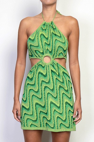WAVE PATTERNED CUTOUT HALTER KNIT DRESS